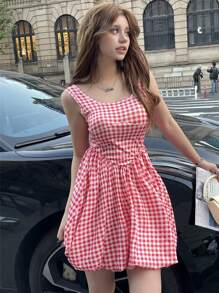 SHEIN Valentine's Day Plaid Bubble Dress For Teenage Girls, Red Color, Sweet & Cute, Suitable For Occasions, Mini Dress - Multicolor - View 4