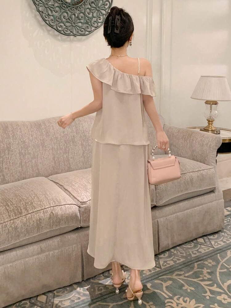 2pcs/Set Women Solid Color Ruffle Hem Asymmetric Cami And Skirt Set