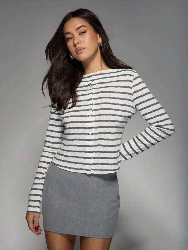 MISSGUIDED Stripe Pointelle Button Front Cardigan Long Sleeve Lightweight Spring Summer Fitted Knit Top Classic Nautical Style Layering Essential