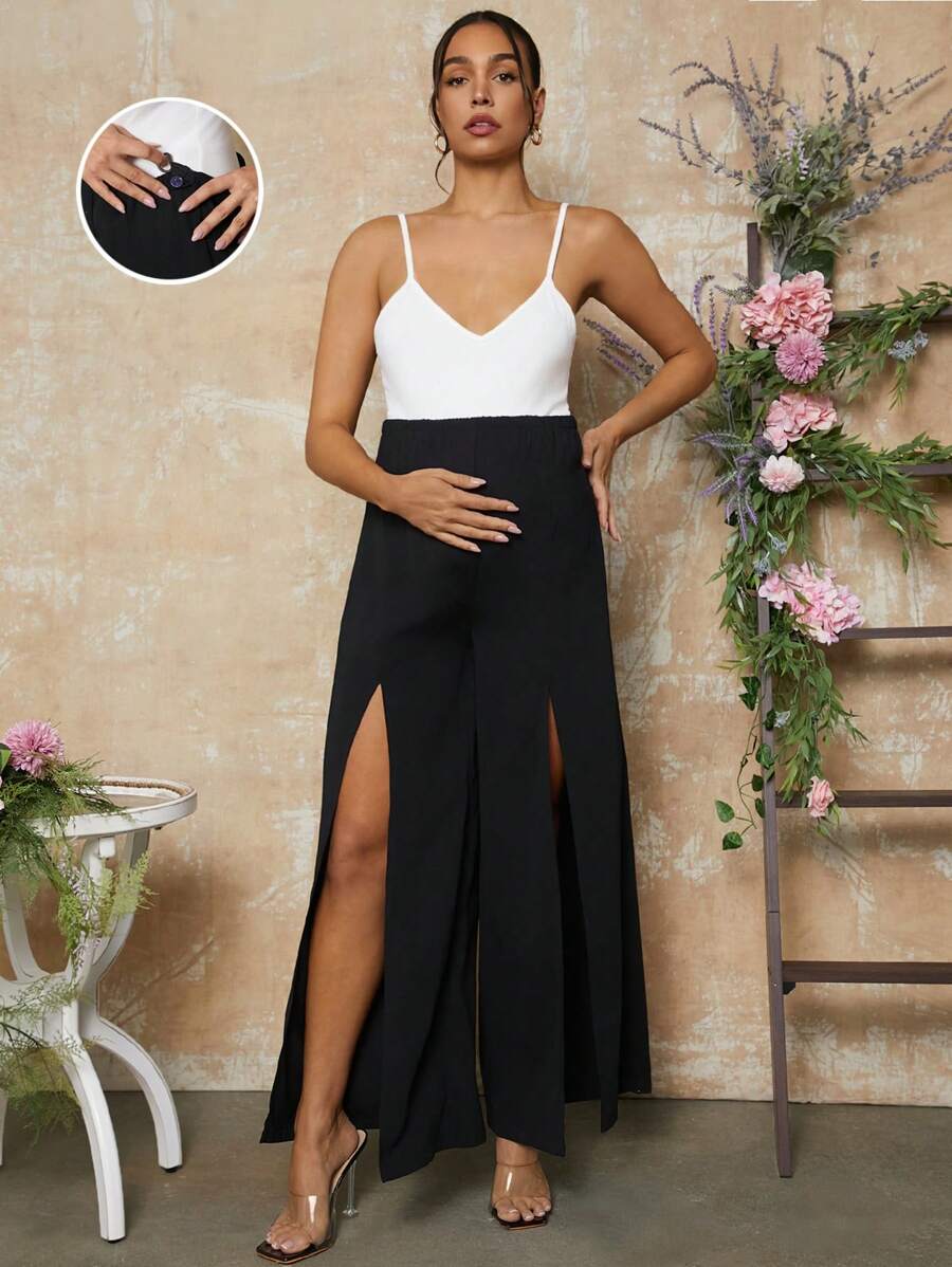 MaterniChic Pantaloni premaman a vita regolabile, a gamba larga, con spacchi laterali, di colore unito - nero - Visualizzare 1