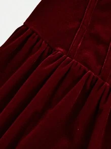 SHEIN Tween Girl Red Elegant Velvet Cold Shoulder Sleeveless Ruched Waist Flowy Dress - Burgundy - View 5