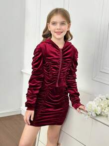 Conjunto de chaqueta con capucha de sudadera de terciopelo burdeos con diseño de plisado y falda mini asimétrica con plisado para niña preadolescente, elegante y versátil, para fiesta de Navidad, otoño/invierno - Burdeos - Ver 6