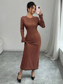 SHEIN Unity Women's Elegant Long Sleeve Dress,Black And White Open Back With Bowknot,Fishtail Hem Fitted Silhouette,Autumn Dinner Date Textured Jacquard Fabric - Coffee Brown - View 7