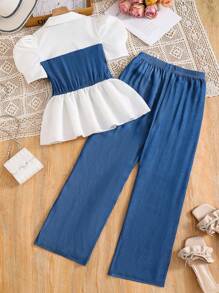 SHEIN Set de 2 piezas: Top/Camisa de manga corta con efecto de mezclilla y cuello camisero + Pantalón largo minimalista de efecto de mezclilla de unicolor para adolescentes - Azul - Ver 2