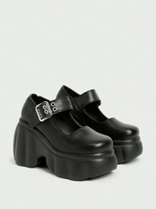 Sugerpunk Women's Dark Punk Rock Party Closed Toe Thick Platform Y2K Goth Shoes, Mary Jane Small Leather Slip-On Wedges Spring Shoes Spring Break Easter