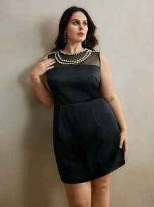 Anewsta Plus Size Sleeveless Chiffon & Pearl Decor Splice Elegant Urban Dress, Black Waist-Control A-Line Hem, Suitable For Summer, Valentine's Day, Date Night - Black - View 7