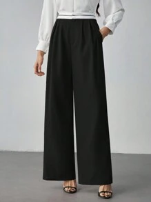 SHEIN Tall Contrast Color Pocket Casual Suit Wide-Leg Pants - Black - View 8