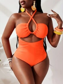 Slaydiva Women's Solid Color Halter Backless Hollow Out Slim Fitted One Piece Swimsuit For Summer Beach Vacation - Orange - View 2