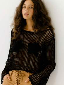 Aralina Black Mesh Crochet Long-Sleeve Rosette Star Bust Pullover Sweater Cover Up - Black - View 3