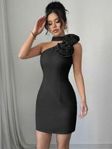 Chiquease Sexy Fitted 3D Floral Open Shoulder Sleeveless Long Dress For Women One Sleeve Dress One Shoulder Dress