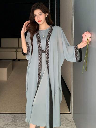 DAZY 2 件套女士印花缎面和服长袍套装，春夏