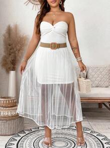 SHEIN LUNE Jupe évasée élégante en couleur unie avec volants en dentelle pour femmes grandes tailles, idéale pour les fêtes, le cocktail, la Saint-Valentin et le quotidien, printemps/été - Blanc - Voir 1