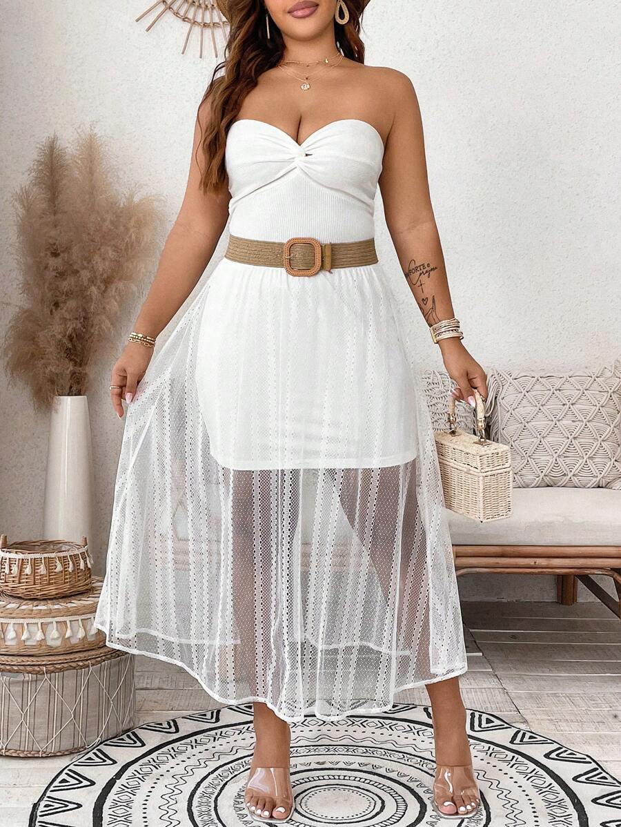SHEIN LUNE Jupe évasée élégante en couleur unie avec volants en dentelle pour femmes grandes tailles, idéale pour les fêtes, le cocktail, la Saint-Valentin et le quotidien, printemps/été - Blanc - Voir 1
