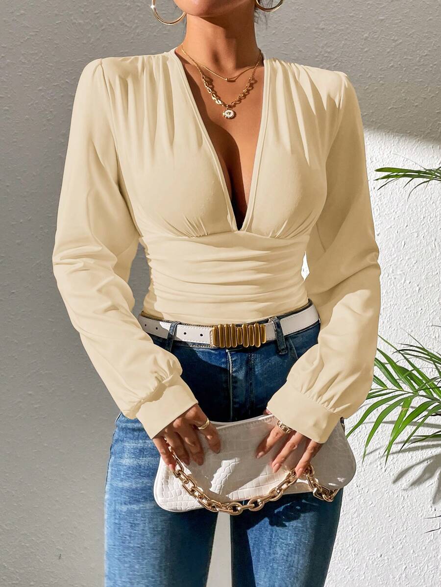 SHEIN Tall 纯色深 V 领长袖紧身衣,简约休闲日常穿着 - 杏色 - 查看 1
