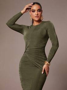 Silquee 女士优雅派对弹力面料双层面料优质卡其色扭纹设计秋冬长袖圆领连衣裙，适合日常通勤，可内穿或外穿，感恩节、圣诞节、新年前夜装 - 軍綠色 - 查看 4