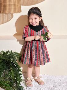 SHEIN Baby Girl Cute Colorblock Short Sleeve Summer Dress - Black - View 6