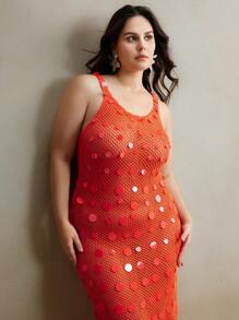 Anewsta 女士红色独家亮片钩编中长连衣裙加大码春夏、节日、度假、优雅