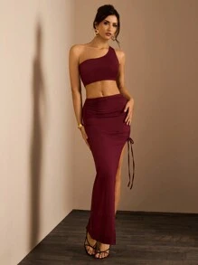 Glamine Women Solid Color Asymmetric Shoulder Sleeveless Crop Top And Skirt Set - Red Violet - View 1