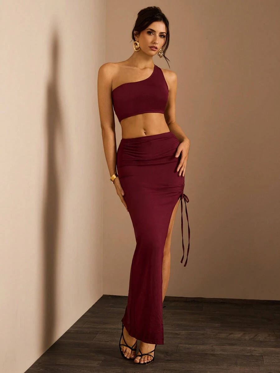 Glamine Women Solid Color Asymmetric Shoulder Sleeveless Crop Top And Skirt Set - Red Violet - View 1
