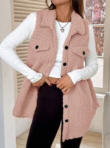 SHEIN EZwear Solid Button Front Casual Flap Detail Teddy Vest Coat In Fall/Winter - Dusty Pink - View 3