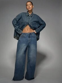 MISSGUIDED 优质铆钉牛仔卡车司机夹克超大复古外观精细缝线纽扣式摇滚明星秋冬街头风格 - 藍色 - 查看 4