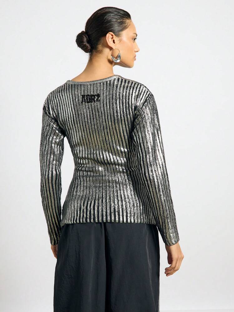 AiiRZ Metallic Ribbed Cutout Long Sleeve Party Top Holiday Evening Club Wear Glitter Disco Sparkle Night Out Fashion Statement