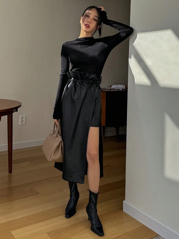 Women Solid Color PU Leather Ruffle Waist Split Tie-Up Skirt,Fall Clothes Winter Women Skirts