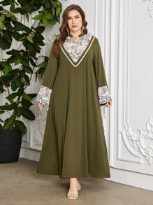 Al Najma Plus Size Women's Heterogeneous Floral Print Dress,Modest - Olive Green - View 2