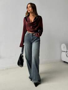 Aloruh Burgundy Off-The-Shoulder Long Sleeve Cropped Elegant Blouse Top For Women - Burgundy - View 5