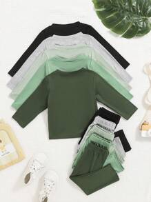 SHEIN Vintaside Kids 2 件套男婴休闲纯色圆领长袖 T 恤和裤子套装，5 件套组合装，适合春秋冬季