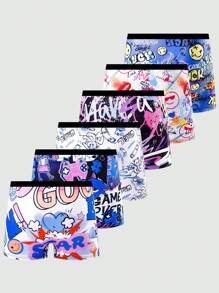 6pcs/Set Teenage Boys' Video Game Graffiti Gradient Relay Race Smiling Face Print Briefs, Cool Faces, Hearts, Stars, Wings, Bear Design