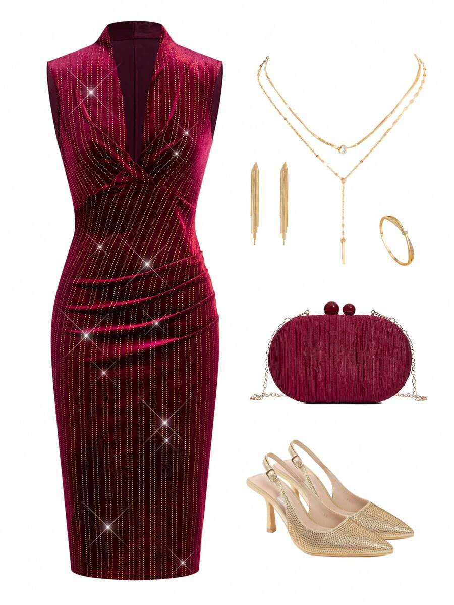 SHEIN Clasi Red Gold Foil Print Sleeveless Fitted Mid-Length Dress, New Year Eve Going Out Outfit For Women New Years Women Outfit New Years Dress Women New Years Eve Attire - Red - View 1