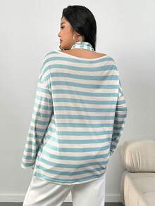 SHEIN EZwear 大码圆领长袖条纹休闲 T 恤，日常穿着 - 藍色 - 查看 2