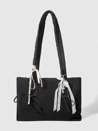 Kawaii Bolso de hombro negro de gran capacidad con decoración de lazo para uso diario