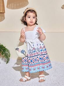 SHEIN Baby Girls Summer Cute Geometric Pattern Strap Sundress - White - View 13