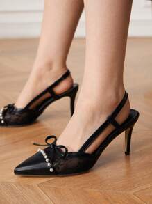 CUCCOO HITCHD Salto Alto Branco de Bico Fino com Laço para Mulheres no Dia dos Namorados - Preto - Visão 1