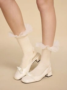 ROMWE Kawaii 1 par de calcetines de media caña tejidos con amplias franjas de encaje y malla, en color vainilla y albaricoque, para uso en todas las estaciones, para mujeres