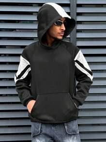 Sudadera con capucha negra suelta de manga larga y bloqueo de color casual para hombres, otoño/invierno