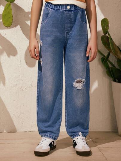 SHEIN 1-Piece Tween Boys' Jeans, Urban Leisure Style, Boys' Blue Denim Long Pants, Comfortable And Versatile, Suitable For Spring, Summer, And Autumn. These Boys' Jeans Are Suitable For Various Occasions Such As Urban Outdoor Activities, Sports, Home Leisure, School, And Gatherings.
