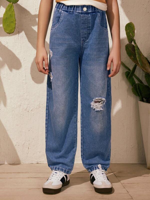 SHEIN 1 Pieza Jeans para niños y niños mayores, estilo urbano y casual, pantalones vaqueros azules largos para niños, cómodos y versátiles, aptos para primavera, verano y otoño. Estos jeans para niños son adecuados para diversas ocasiones como actividades al aire libre urbanas, deportes, ocio en casa, escuela y reuniones.