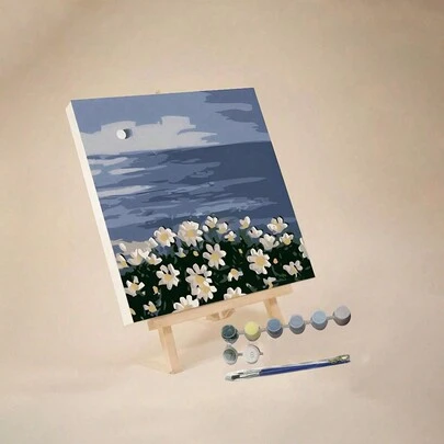 1 件 Daisy By Sea 数字油画套装，适合成人初学者，20 宽 x 20 长或 30 宽 x 30 长帆布画，绘画油画，配有 2 支画笔、丙烯颜料花卉和风景、DIY 绘画、家居墙面装饰圣诞节，可作为节日礼物