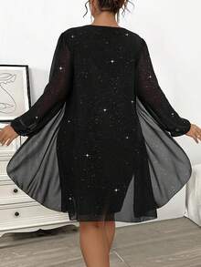 大码女式优雅休闲网眼长袖连衣裙 - 黑色 - 查看 2