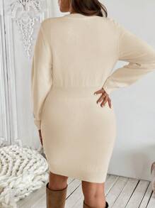 SHEIN LUNE Women Plus Size Textured Crew Neck Long Sleeve Cinched Waist Sweater Dress, Autumn/Winter