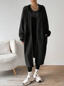 SHEIN EZwear 女士中长款保暖内衬连帽夹克，全新秋冬系列 - 黑色 - 查看 4