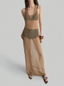 Ontre New 2025 Women Hollow Neck Tie Sleeveless Boho Style Dress, Vacation, Festival, Minimalist Fashion, Beach Cover-Up, Bohemian Style, Vacation, Festival, Spring/Summer - Khaki - View 6