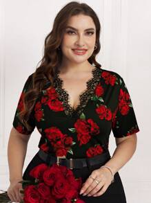 SHEIN Clasi Damen Große Größen Sommer Elegantes Schwarz Basis Rot Rose Spitze V-Ausschnitt Kurzarm T-Shirt für Valentinstag, Frühling
