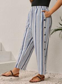 EMERY ROSE Pantalones largos simples con cintura elástica y botones a rayas, de talla grande, casuales para uso diario, conjuntos de verano para mujer/verano, ropa de mujer para vacaciones tropicales - Azul - Ver 5