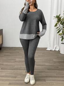EMERY ROSE Plus Size Stripe Stitching Round Neck Long Sleeve Top & Pants 2pcs Set, Minimalist - Multicolor - View 4