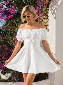 Vivid Eden Vestido de verano para mujer con un hombro, volantes y cintura, para la playa - Blanco - Ver 7