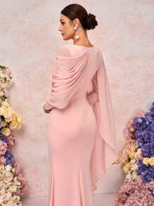 SHEIN Belle Elegant And Romantic Pink Round Neck, Long Sleeves, Ruffle Pleats, Asymmetric Side Floating Fishtail Hem, Knitted Elastic Fabric, Birthday Party, Wedding Dinner, Bridesmaid Dress - Pink - View 2